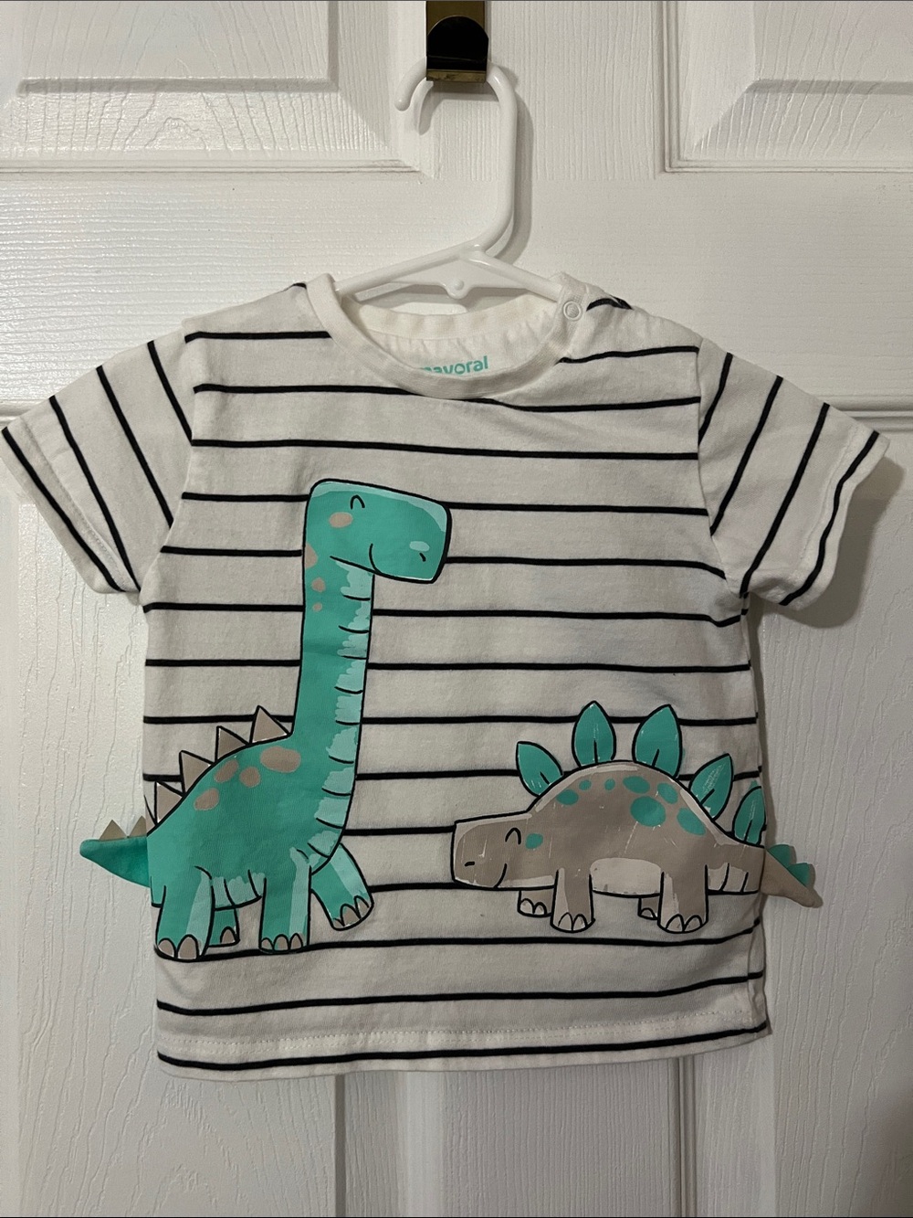 Mayoral White & Black Striped Tee with Teal Dinosaur and Beige Shorts 9 Months